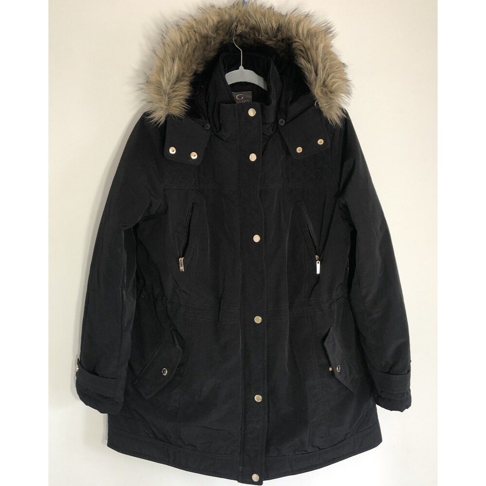 Women's Gallery Faux Fur Trim Hooded Heavyweight Winter Coat Stadium Jacket L EC